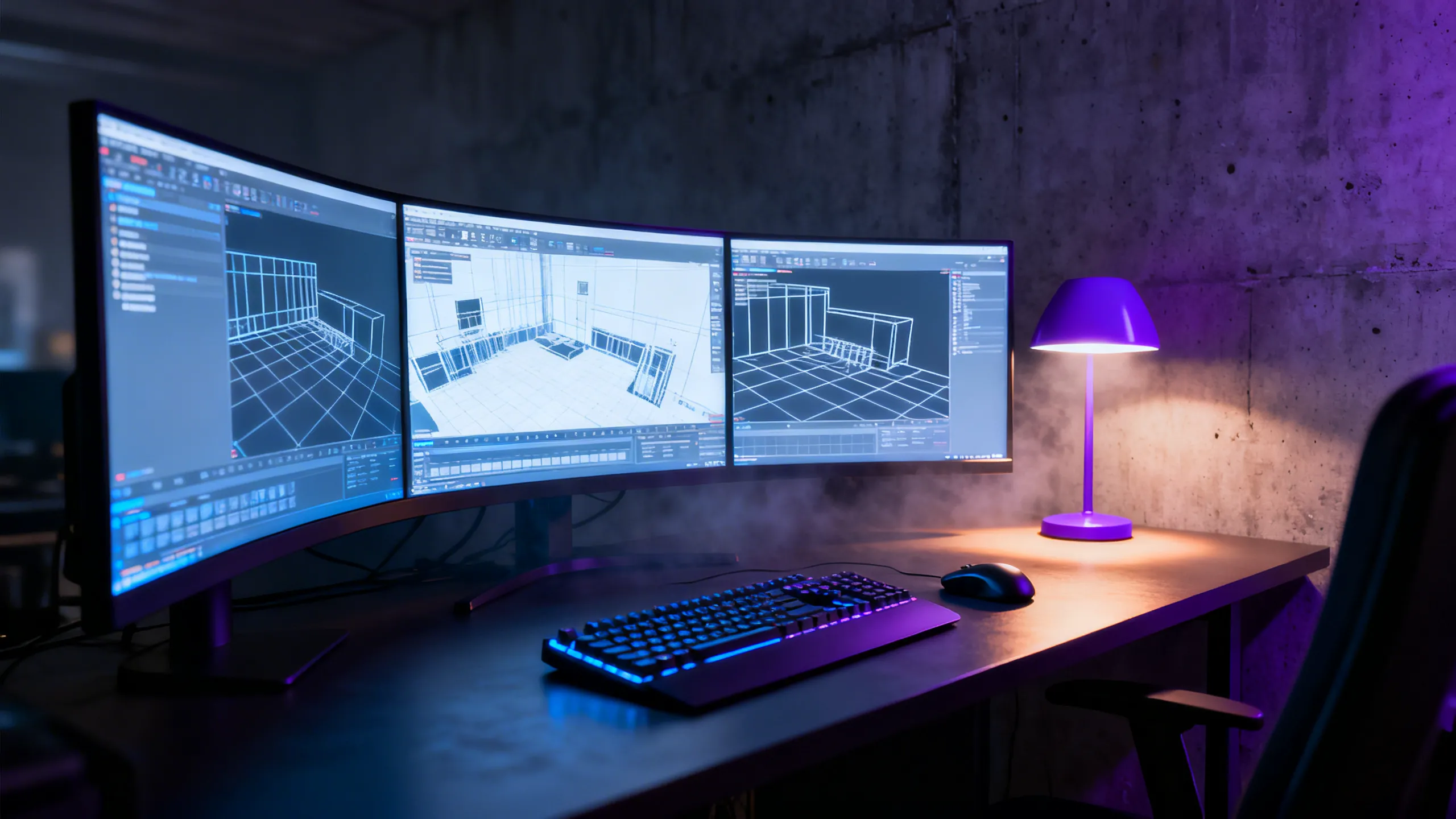 VibeCraft nocturnal engineering workspace with glowing displays