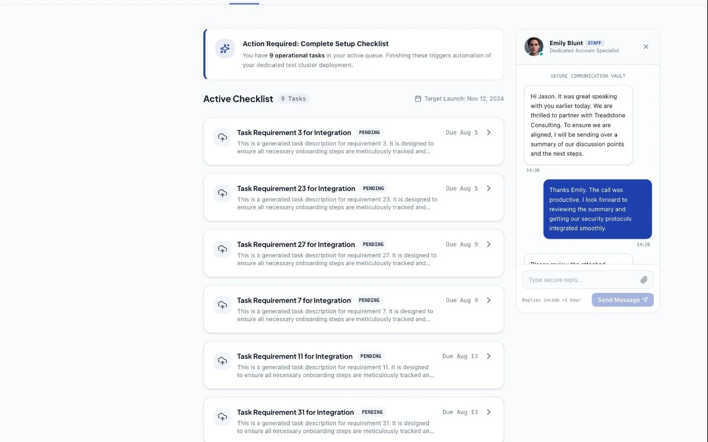 AutoCoder-generated client onboarding portal showing account setup tasks, document uploads, and status tracking