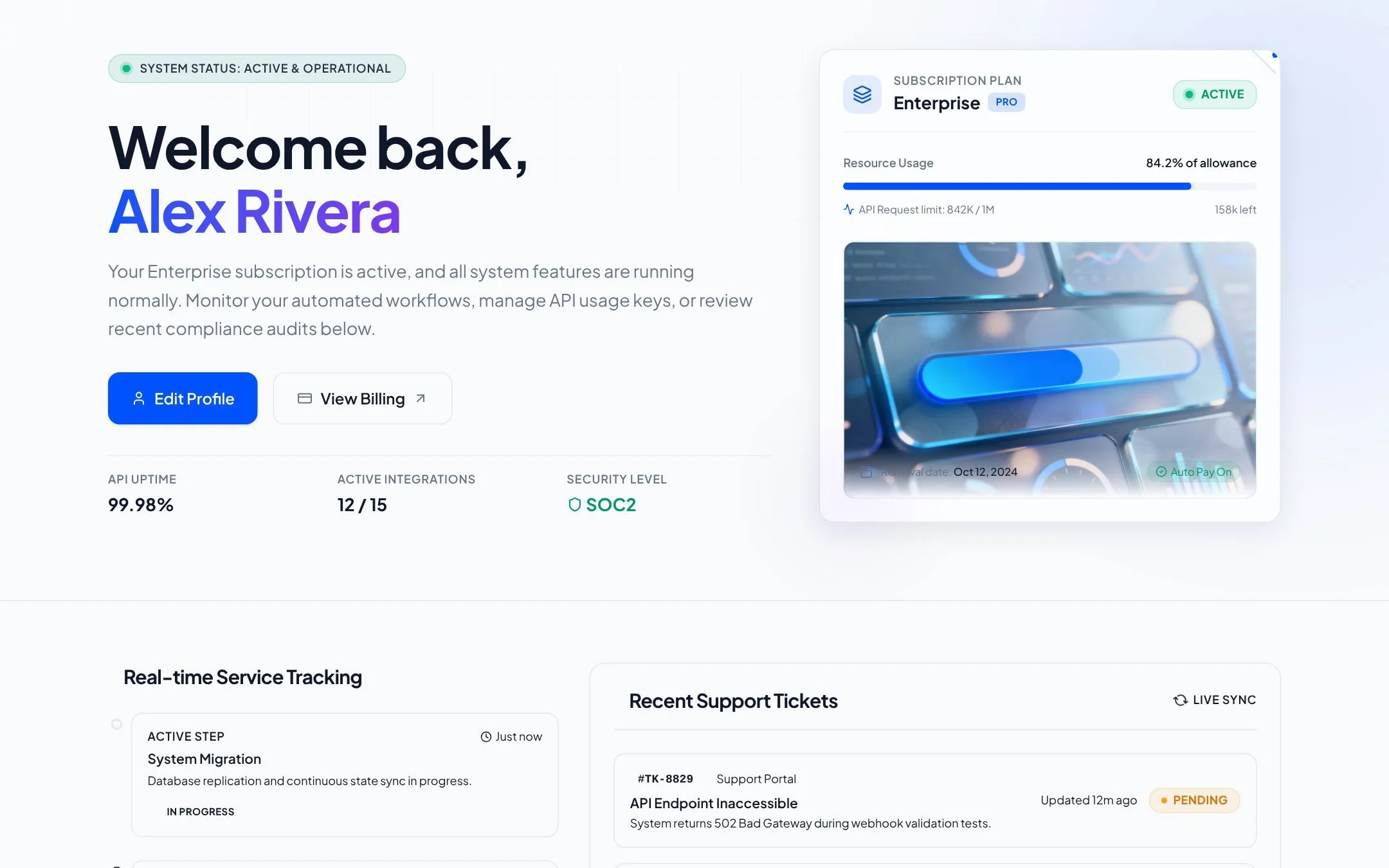 AutoCoder-generated customer portal showing account profile, subscription plan, and support requests